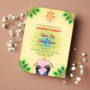 Indian Hindu Engagement Ceremony Peacock Couple Invitation