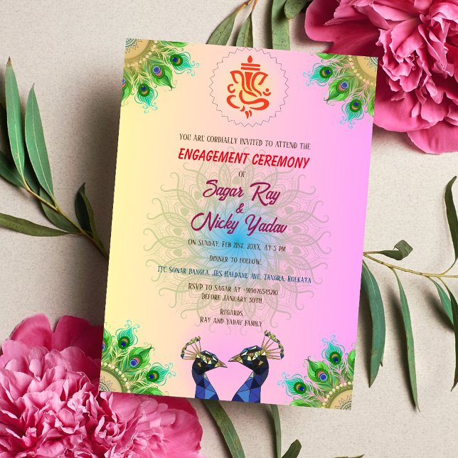 Indian Hindu Engagement Ceremony Peacock Couple Invitation (Creator Uploaded)