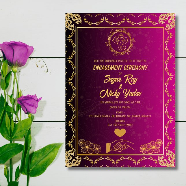 Indian Hindu Engagement Ceremony Pink & Golden Invitation (Creator Uploaded)