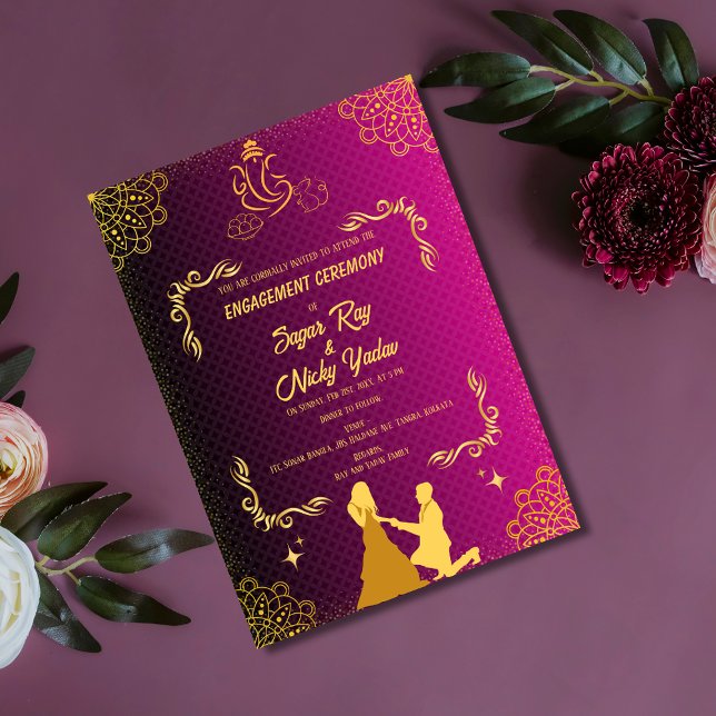 Indian Hindu Engagement Ceremony Pink & Golden Invitation (Creator Uploaded)