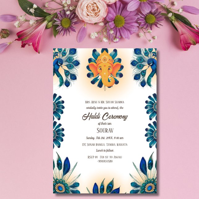 Indian Hindu Groom Haldi Ceremony Peacock Theme  Invitation (Creator Uploaded)