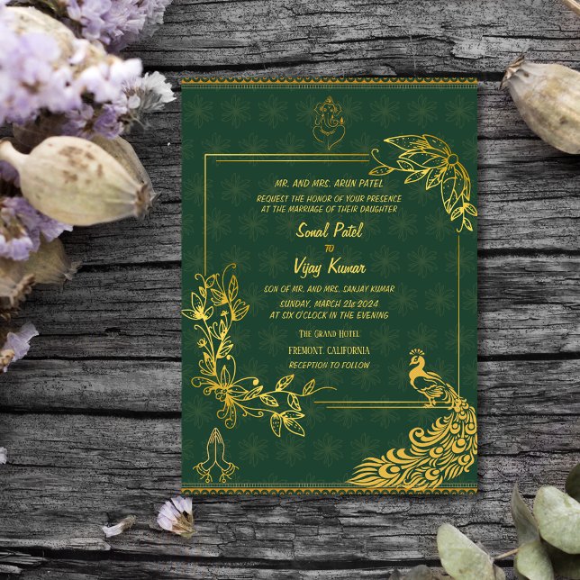 Indian Hindu Wedding Couple Image Golden Peacock Invitation (Creator Uploaded)