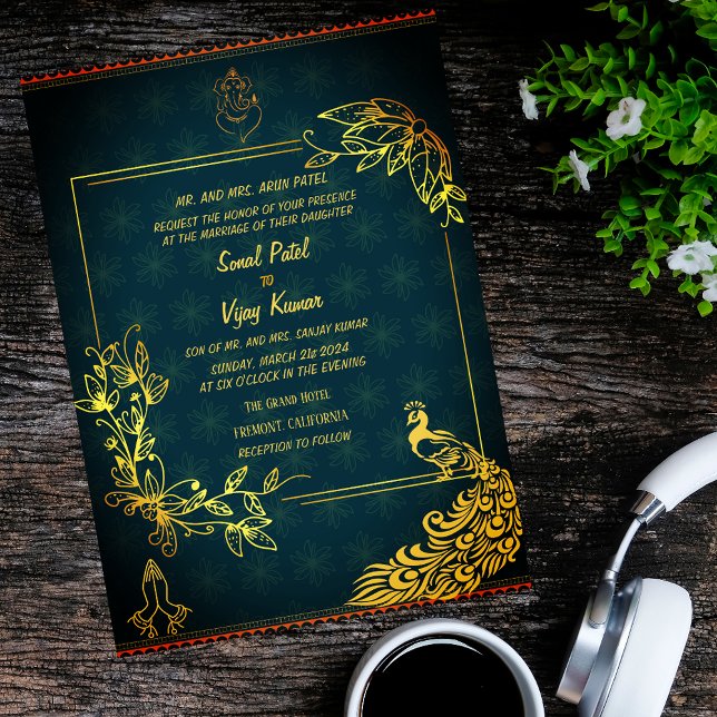 Indian Hindu Wedding Couple Image Golden Peacock Invitation (Creator Uploaded)