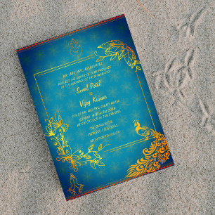 Indian Hindu Wedding Couple Image Golden Peacock Invitation