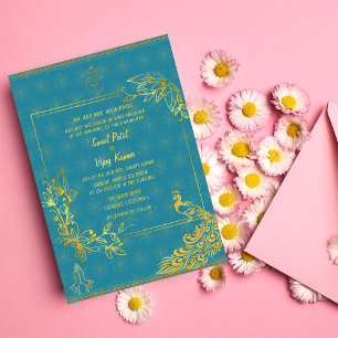 Indian Hindu Wedding Couple Image Golden Peacock Invitation