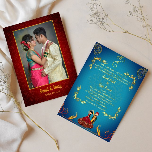 Indian Hindu Wedding Couple Image Golden Peacock Invitation (Creator Uploaded)