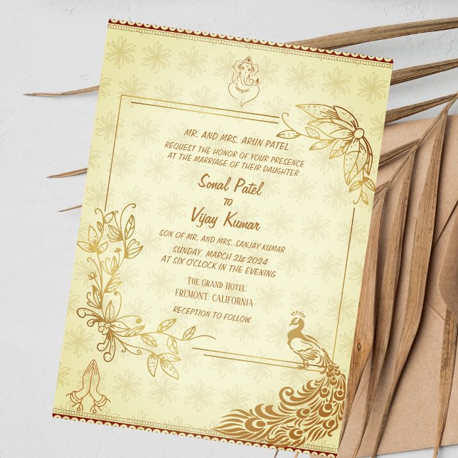 Indian Hindu Wedding Couple Image Golden Peacock Invitation (Creator Uploaded)