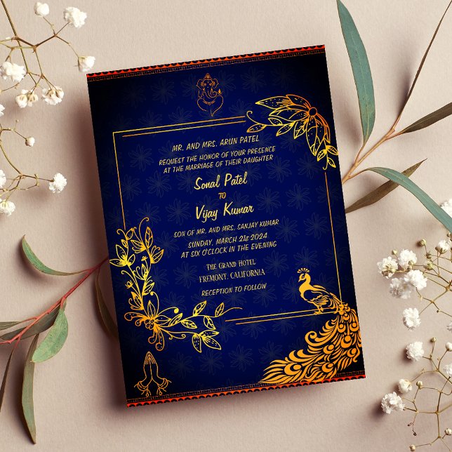 Indian Hindu Wedding Couple Image Golden Peacock Invitation (Creator Uploaded)
