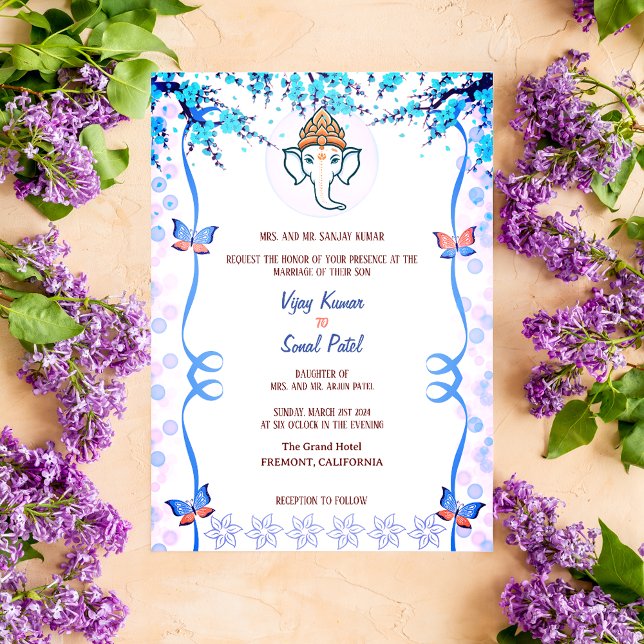 Indian Hindu Wedding Ganesha Blue Butterfly Invitation (Creator Uploaded)