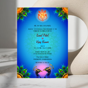 Indian Hindu Wedding Ganesha Blue Peacock Pair Invitation