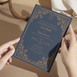 Indian Hindu Wedding Ganesha Logo Blue Intricate Invitation