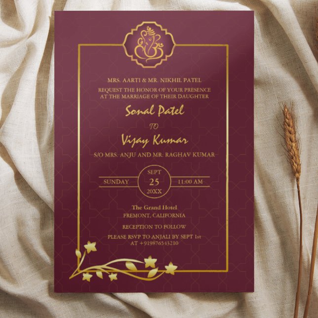 Indian Hindu Wedding Ganesha Logo Golden Elements Invitation (Creator Uploaded)