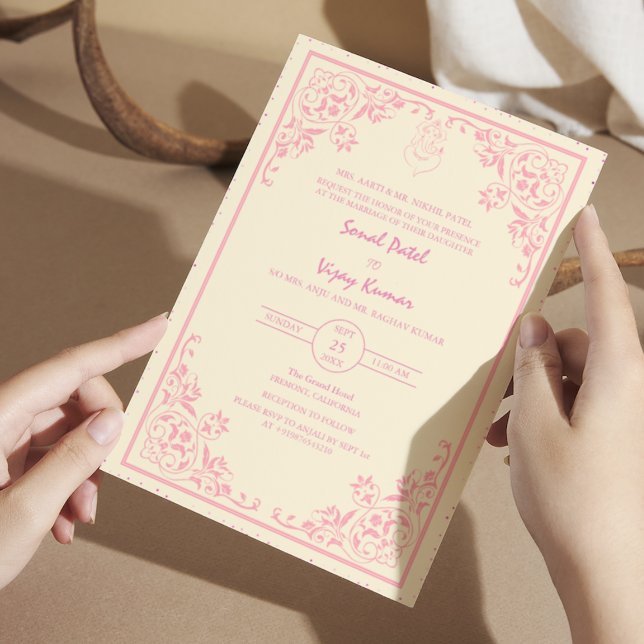 Indian Hindu Wedding Ganesha Logo Pink Intricate Invitation (Creator Uploaded)