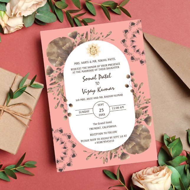 Indian Hindu Wedding Ganesha Logo  Rustic Leaf Invitation (Creator Uploaded)