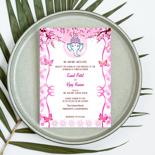 Indian Hindu Wedding Ganesha Pink Butterfly Invitation (Creator Uploaded)