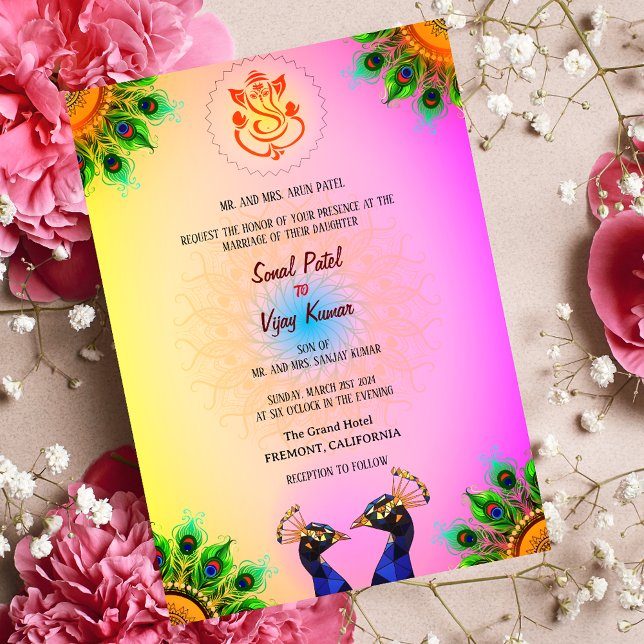 Indian Hindu Wedding Ganesha Pink Peacock Pair Invitation (Creator Uploaded)
