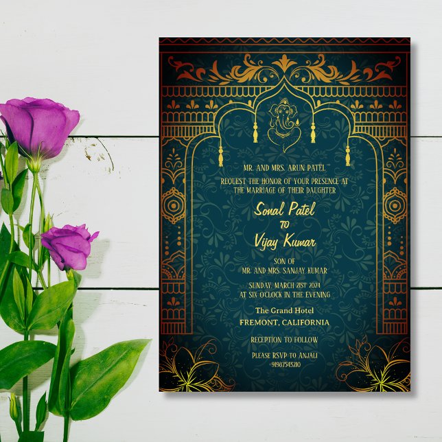 Indian Hindu Wedding Ganesha Royal Golden Invitation (Creator Uploaded)