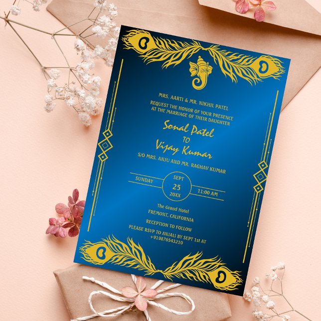 Indian Hindu Wedding Golden Elements Ganesha Logo Invitation (Creator Uploaded)