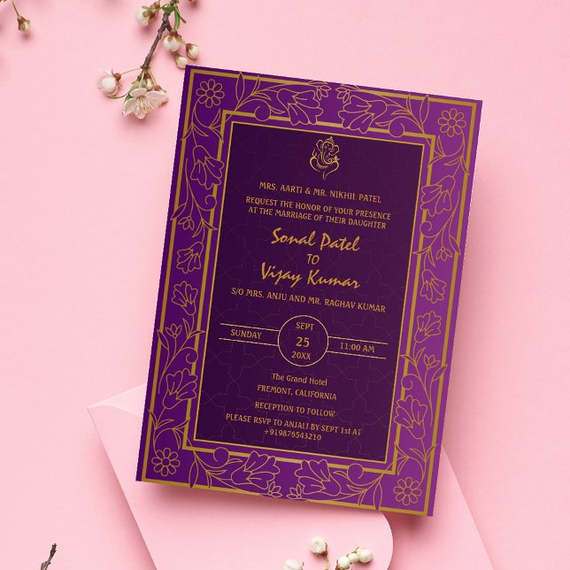 Indian Hindu Wedding Golden Elements Ganesha Logo Invitation (Creator Uploaded)