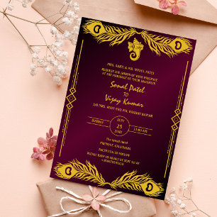 Indian Hindu Wedding Golden Elements Ganesha Logo Invitation