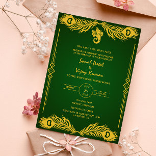 Indian Hindu Wedding Golden Elements Ganesha Logo Invitation