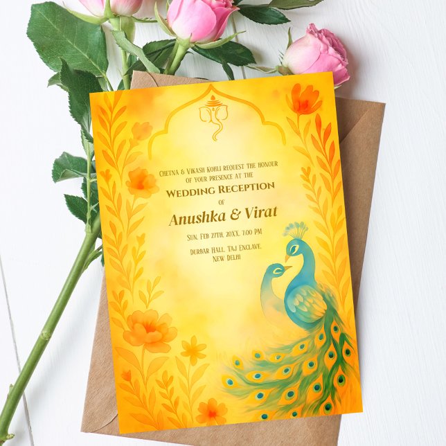 Indian Hindu Wedding Reception Peacock Floral Invitation (Creator Uploaded)