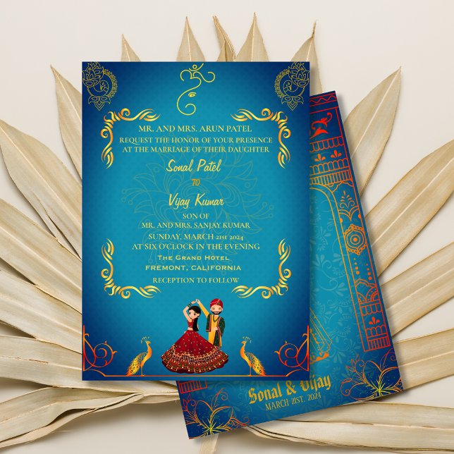 Indian Hindu Wedding Royal Golden Peacock Teal Invitation (Creator Uploaded)