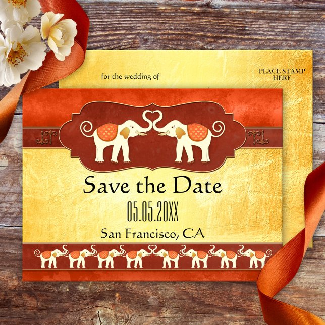Indian Ivory Elephants Save the Date Postcard (Save the Date postcard featuring two happy elephants. Great for a zoo, safari or Asian wedding)