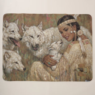 INDIAN MADIEN and WOLVES Sherpa Blanket