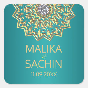 Indian Mandala Flower TEAL Gold Wedding Seals