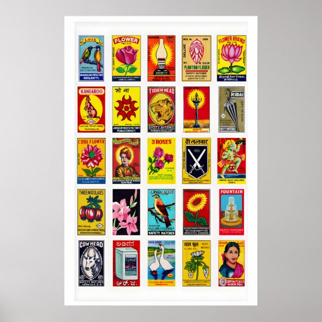 Indian Matchbox Labels Grid Print, Vintage Poster (Front)