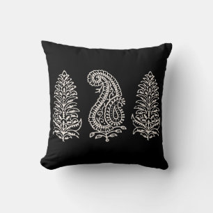 Indian Motif Handblock Print Light Cream on Black Cushion