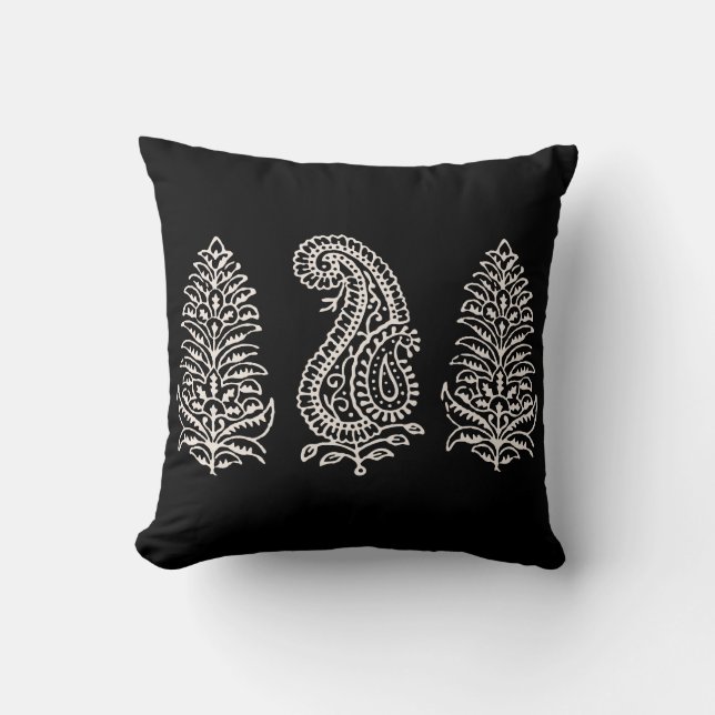 Indian Motif Handblock Print Light Cream on Black Cushion (Front)