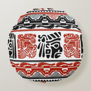 Indian motifs, black red, seamless pattern. round cushion