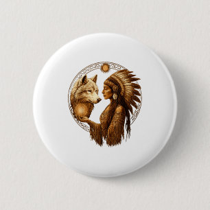 Indian Native American Woman With White Wolf Vinta 6 Cm Round Badge