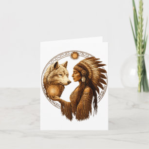 Indian Native American Woman With White Wolf Vinta Card