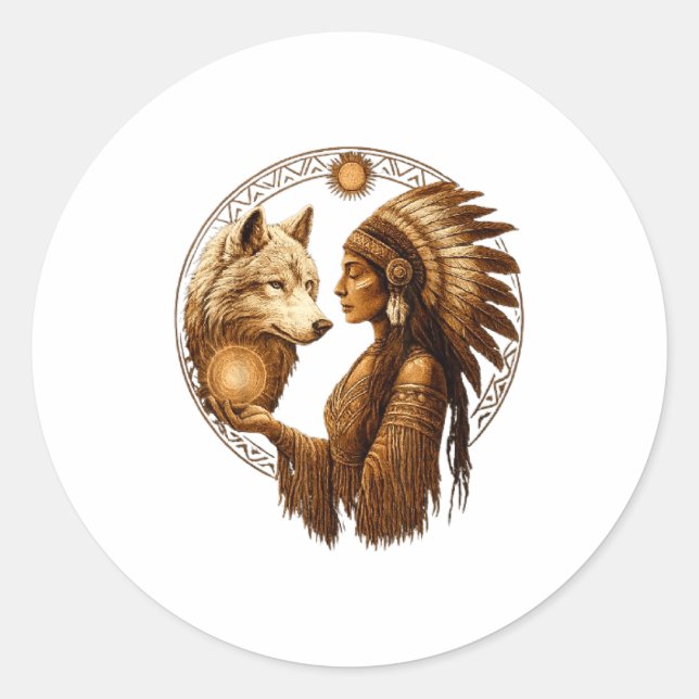 Indian Native American Woman With White Wolf Vinta Classic Round Sticker (Front)