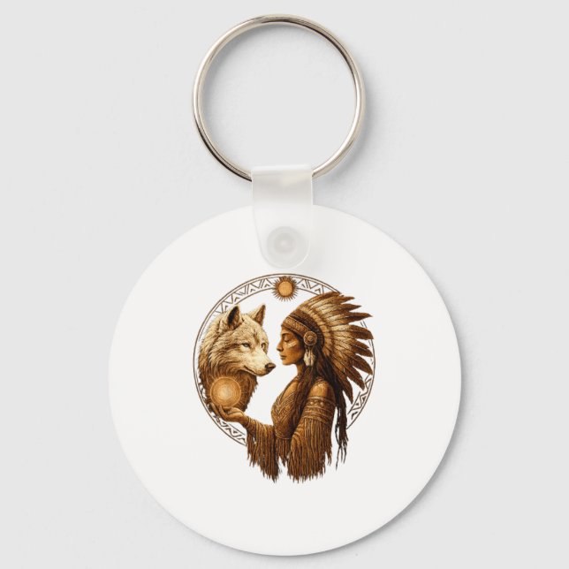 Indian Native American Woman With White Wolf Vinta Key Ring (Front)