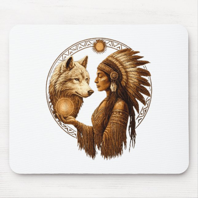 Indian Native American Woman With White Wolf Vinta Mouse Pad (Front)
