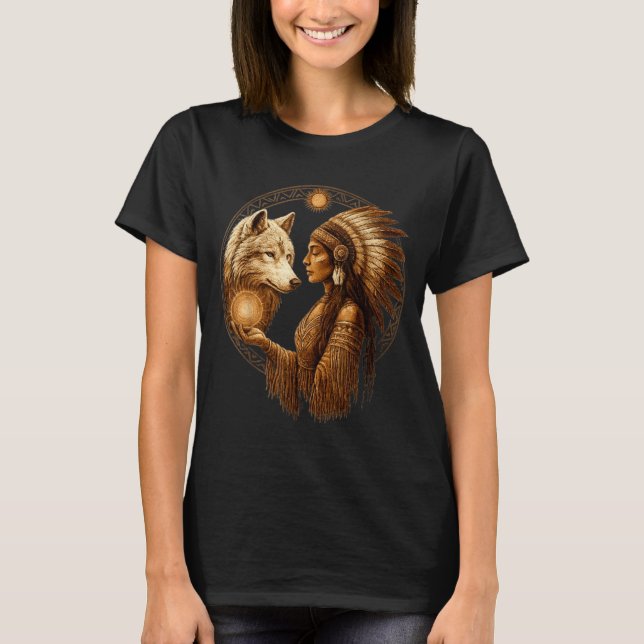 Indian Native American Woman With White Wolf Vinta T-Shirt (Front)