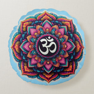 Indian Om Symbol in a colourful mandala design Round Cushion