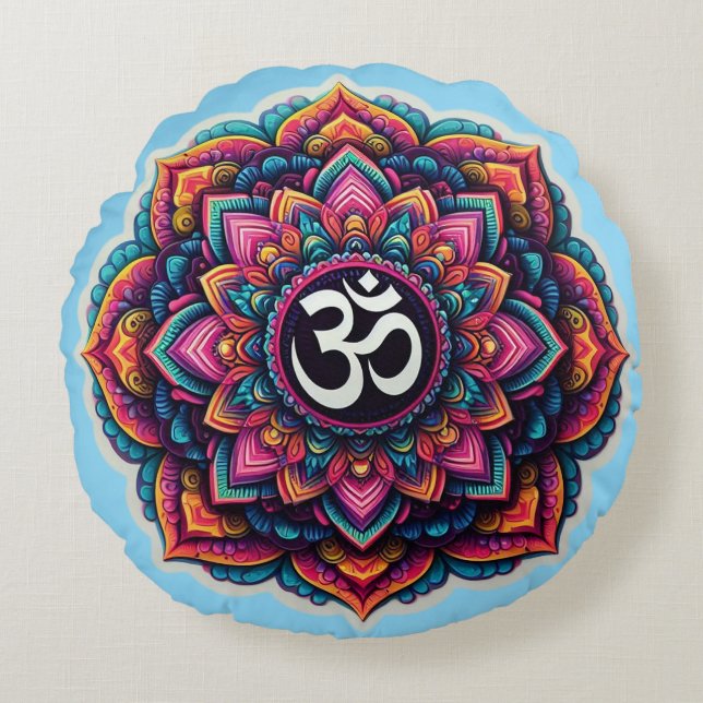 Indian Om Symbol in a colourful mandala design Round Cushion (Front)