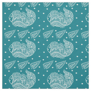 Indian Paisley and Fish white Block-print on Green Fabric