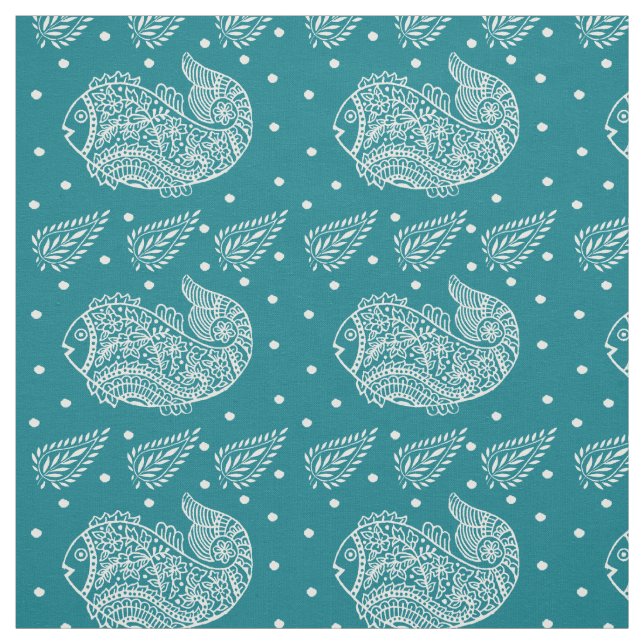 Indian Paisley and Fish white Block-print on Green Fabric (Swatch)
