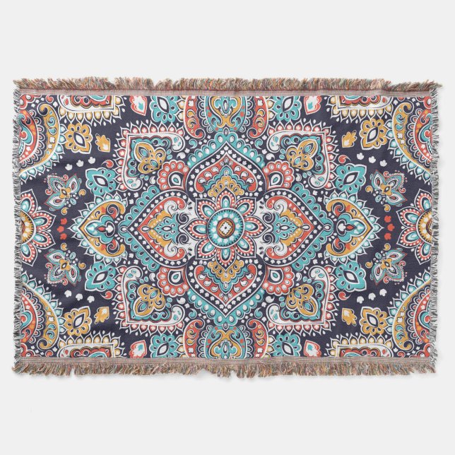 Indian Paisley: Ethnic Mandala Pattern Throw Blanket (Front)