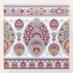 Indian paisley floral, ethnic medallion. glass coaster