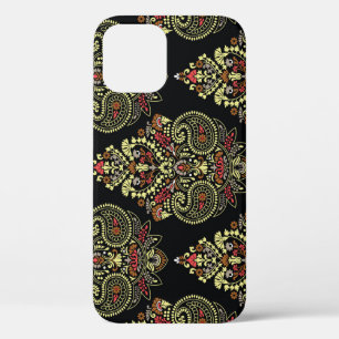 Indian paisley, geometric black background iPhone 12 case