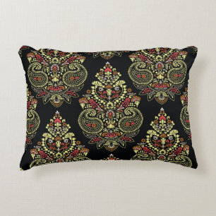Indian paisley, geometric black background decorative cushion