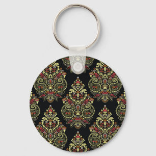 Indian paisley, geometric black background key ring