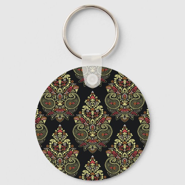 Indian paisley, geometric black background key ring (Front)